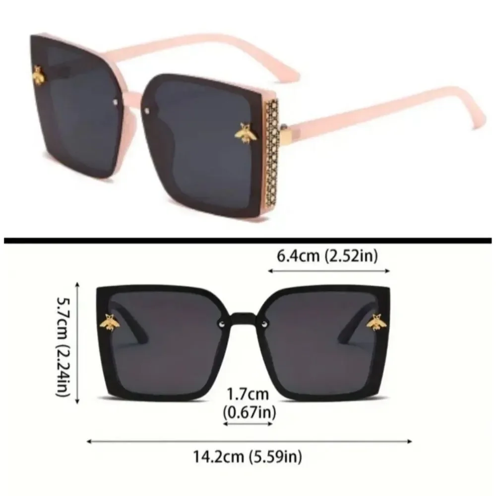 Light Pink or blk Square Fashion Sunglasses with Gold Bee Accent